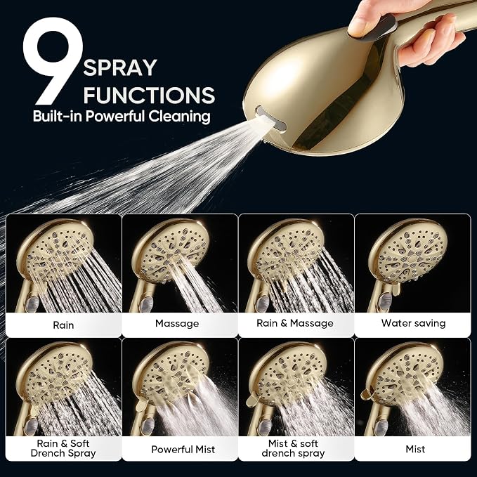Cobbe 9-Function Shower Head with Built-in Power Spray, 1.8 GPM Water Saving ON/OFF Toggle Switch, High Pressure Handheld Showerhead with 1-Click Pause Button, Brass Bracket & 6ft Hose, Gold