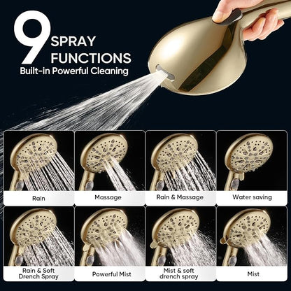 Cobbe 9-Function Shower Head with Built-in Power Spray, 1.8 GPM Water Saving ON/OFF Toggle Switch, High Pressure Handheld Showerhead with 1-Click Pause Button, Brass Bracket & 6ft Hose, Gold