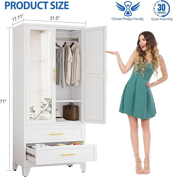 Steel Armoire Wardrobe Closet with Mirror, 71" Metal Clothes Storage Cabinets with 2 Doors, 1 Adjustable Shelf, 2 Drawers, Metal Wardrobe Cabinet with Hanging Rod for Bedroom, Gym, Cloak(White)