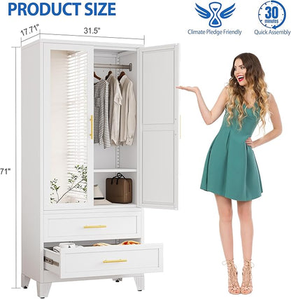 Steel Armoire Wardrobe Closet with Mirror, 71" Metal Clothes Storage Cabinets with 2 Doors, 1 Adjustable Shelf, 2 Drawers, Metal Wardrobe Cabinet with Hanging Rod for Bedroom, Gym, Cloak(White)