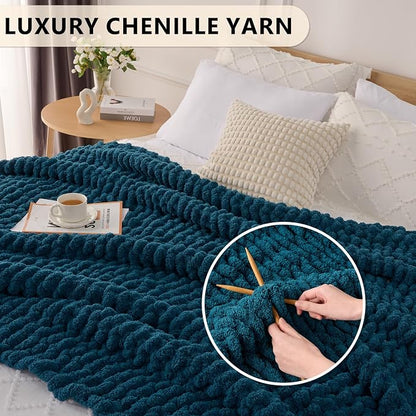 L'AGRATY Chunky Knit Blanket Throw: 60''x80'' Chenille Chunky Knitted Throw Blanket for Bed Couch - Handmade Thick Big Cable Knit Blanket - Large Crochet Rope Blankets for Home Decor(Blue)