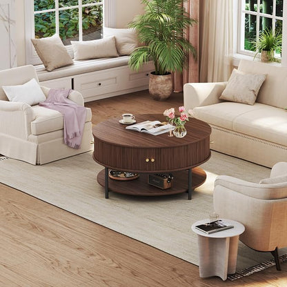 HUAHUU 31.5" Round Coffee Table with Storage, Mid Century Modern Coffee Table with Sliding Cabinet Door, Round Metal Legs, 3-Tier Small Round Coffee Tables for Living Room, Walnut