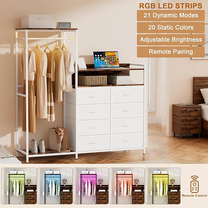 Dresser with Clothes Rack,58" H Clothing Rack with Fabric Drawers & LED Lights,Clothes Racks for Hanging Clothes,8 Drawers Dresser,Garment Rack for Bedroom with Charging Station,White