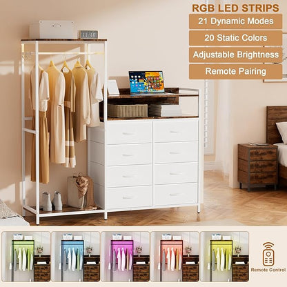 Dresser with Clothes Rack,58" H Clothing Rack with Fabric Drawers & LED Lights,Clothes Racks for Hanging Clothes,8 Drawers Dresser,Garment Rack for Bedroom with Charging Station,White