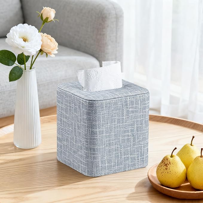 Square Tissue Box Cover with Magnetic Closure, Modern PU Leather Tissue Box Holder for Bathroom Vanity Countertop Night Stands Bedroom Office Desk, Stylish Cube Tissue Holder (Blue)
