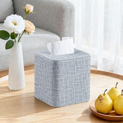 Square Tissue Box Cover with Magnetic Closure, Modern PU Leather Tissue Box Holder for Bathroom Vanity Countertop Night Stands Bedroom Office Desk, Stylish Cube Tissue Holder (Blue)