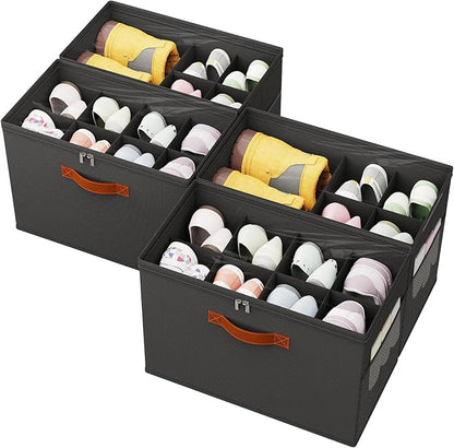 4 Pack Shoe Organizer for Closet,Foldable Shoe Storage Organizer with Adjustable Dividers, Shoe Storage Box with Clear Cover, Fits up to 16 Pairs, Black