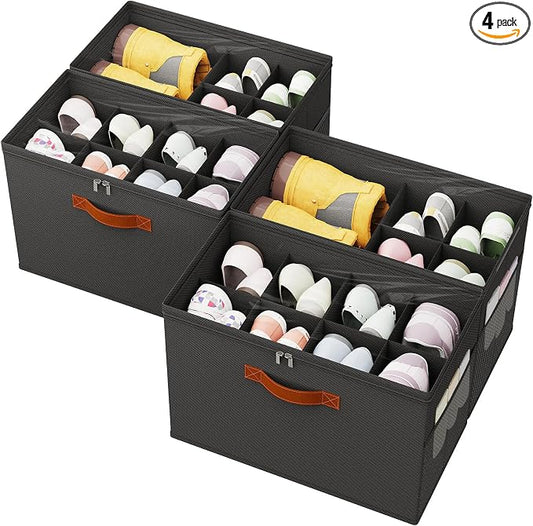 4-PackShoe Organizer for Closet, Foldable Shoe Storage Box with Adjustable Dividers & Clear Cover, Fits 32 Pairs, Black, Durable and Space-Saving