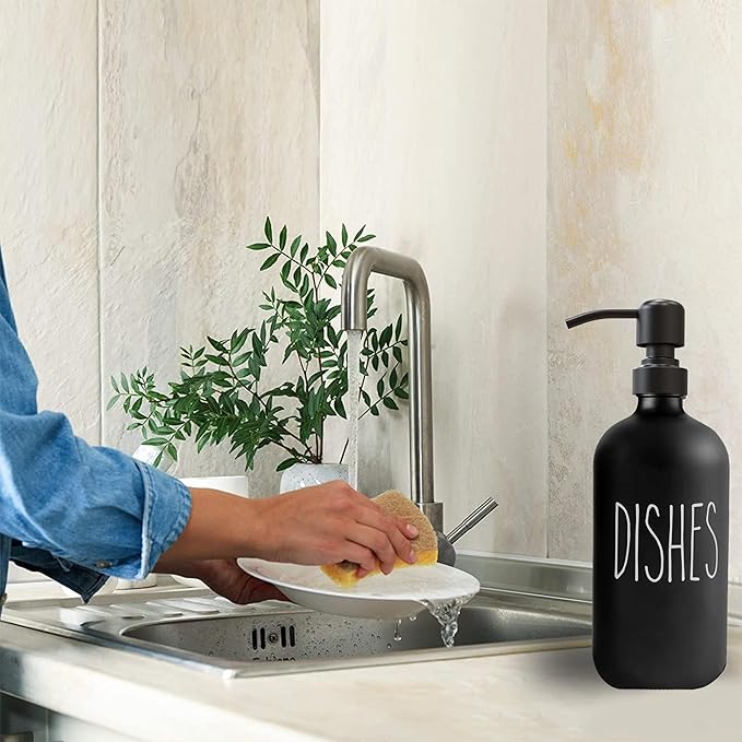 Sunrise Premium 16 OZ Thick Black Glass Soap Dispenser, Matte Black Stainless Steel Pump 2 Pack, Hand and Dish Soap Dispenser Set for Bathroom with 6 Waterproof Labels