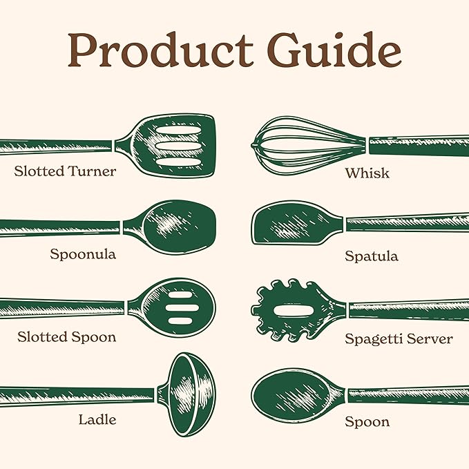 Country Kitchen Non Stick Silicone Utensil Set with Rounded Wood Handles for Cooking and Baking, 8 Piece Set, Green