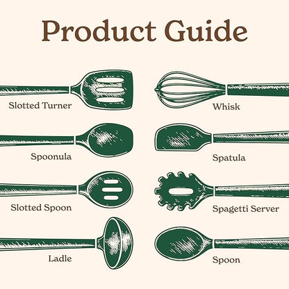 Country Kitchen Non Stick Silicone Utensil Set with Rounded Wood Handles for Cooking and Baking, 8 Piece Set, Green