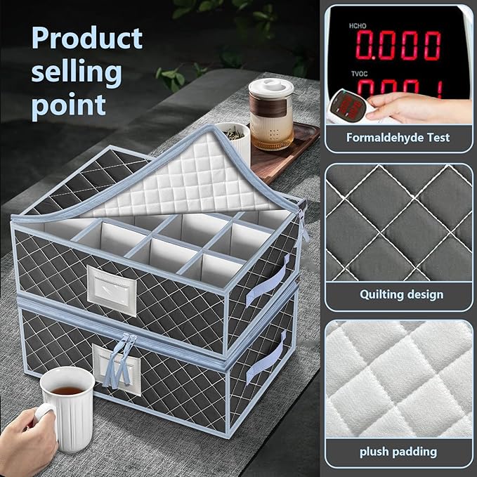 Mug and Cup Storage Box with Dividers - 2 Pack China Storage Bin Containers Holds 24 Glassware, Stackable Coffee Mug Organizer Bin and Tea Cup with 2 Metal Zipper,Label and Handles (Grey)