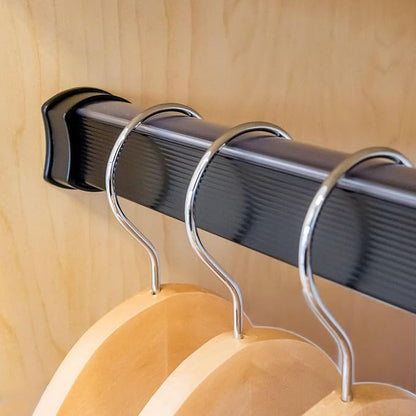 Premium hourglass closet rod - custom cut to size. Hourglass shaped wardrobe tube, protective top cover, seamless and reversible with ribbed and smooth sides. (Matte Black)
