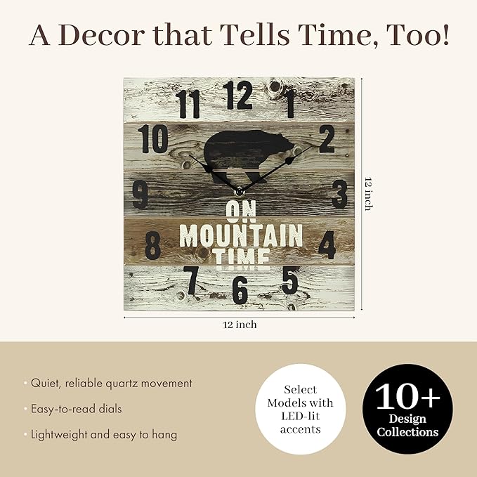 Young's Mountain Time Bear Wooden Wall Clock with Hands, 12" x 2" x 12" 17240