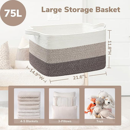 Goodpick Large Woven Storage Basket, 21.6"x14.9"x11.8", Blanket Storage for Bedroom and Living Room, Rectangle Rope Baskets for Storage, White Brown