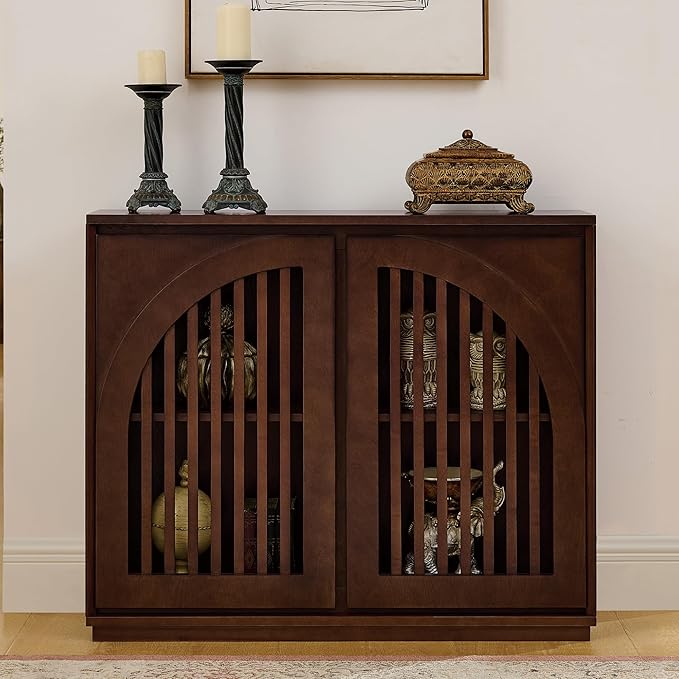 LKTART Arch Doors Sideboard Buffet Storage Cabinet,Mid Century Modern Storage Cabinet with Shelves,Wood Coffee Bar for Living Room, Kitchen, Hallway-Dark Walnut