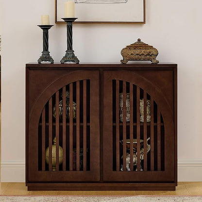 LKTART Arch Doors Sideboard Buffet Storage Cabinet,Mid Century Modern Storage Cabinet with Shelves,Wood Coffee Bar for Living Room, Kitchen, Hallway-Dark Walnut