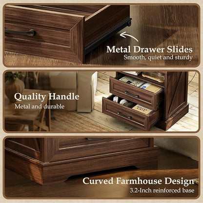 AODK 24 Inch Farmhouse Nightstand with Charging Station, Wood Bedside Table with 2 Drawers, Rustic Wood End Table with Outlet and USB for Bedroom, Dark Walnut