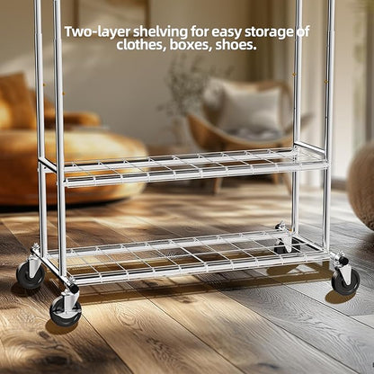 Clothes Rack, Heavy Duty Clothes Rack with Shelves Load 600 LBS, Sturdy Double Rod Clothing Racks for Hanging Clothes, Portable & Adjustable Garment Rack for Bedroom, Living Room