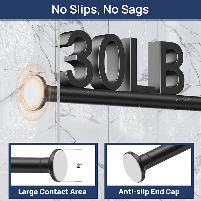 ENJOYBASICS Matte Black Shower Curtain Rod 30 to 64 Inches, Stainless Steel Adjustable Spring Tension Rods No Drill for Bathroom, Closet, Window, Room Divider, Never Rust, Non Slip