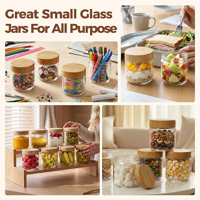 8oz Glass Jars with Airtight Lids - 6 Pack Overnight Oats Containers with Bamboo Lids, Small Food Containers with Measurement for Yogurt, Salad, Chia, Wide Mouth Mason Jar with Lid for Food Storage