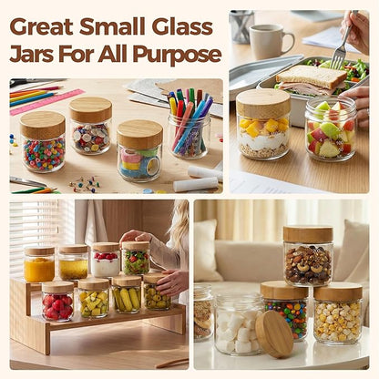 8oz Glass Jars with Airtight Lids - 6 Pack Overnight Oats Containers with Bamboo Lids, Small Food Containers with Measurement for Yogurt, Salad, Chia, Wide Mouth Mason Jar with Lid for Food Storage