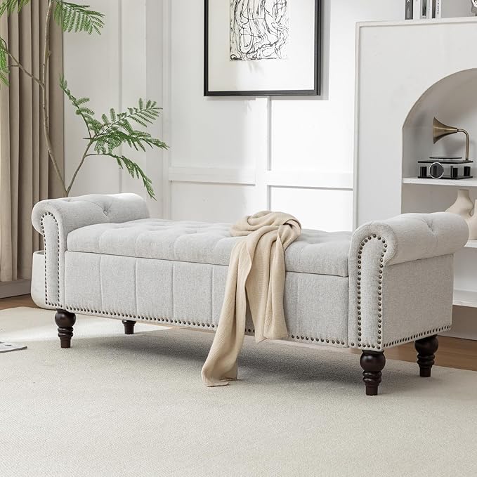 HOMEFLEX 58” Long Storage Bench, Upholstered Ottoman with Tufted Trim, Large End-of-Bed Bench for Bedrooms, Living Rooms, and Entryways (Silver)