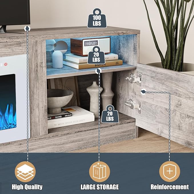 VITESSE TV Stand Fireplace with 36" inch Electric Fireplace Up to 90" TVs, LED Light Entertainment Center, 80" Modern Wood High Gloss with Highlight Storage Cabinet for Living Room (Gray)