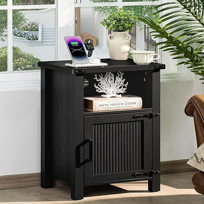 Night Stand, 18 Inch Farmhouse Nightstand with with Charging Station and USB Port, Rustic Couch End Table with Magnetic Door, Wood Bed Side Tables for Bedroom, Home, Black