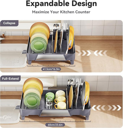 Urackify Large Dish Drying Rack - Expandable Dish Rack for Kitchen Counter, Multifunctional Dish Drainer with Drainboard & Utensil Holder, Anti-Rust, Fits Any Sink, Extendable 16.3" to 23.6" L, Gray