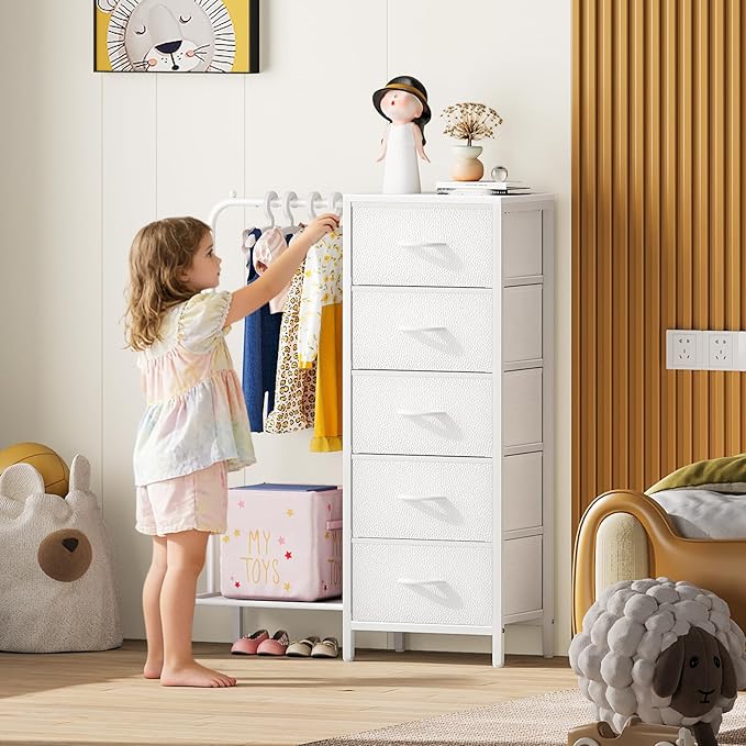 Snughome Dresser with Hanging Rack, Clothes Hanging Rack with 5 Drawers, White Dresser with Clothes Rack, Fabric Storage Chest of Drawers, Small Dresser for Bedroom, Apartments, Entryway Living Room