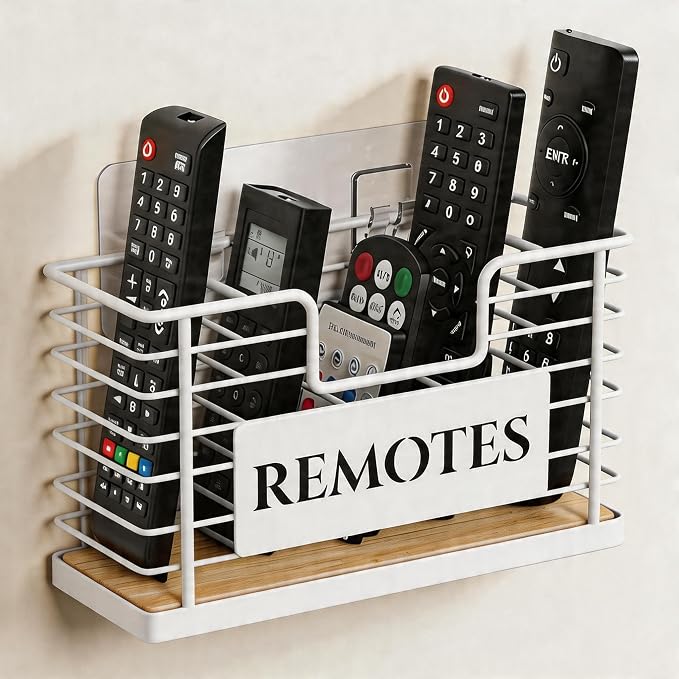 Remote Control Holder, 5-Slot TV Remote Holder Wall Mount, Universal Remote Caddy Large Size Design for Wall Table Living Room Bedroom, Easy Installation, White