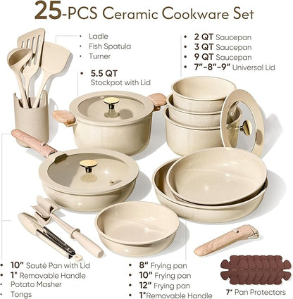 CAROTE 25PCS Ceramic Cookware Set, Pots and Pans set Non Stick, RV Kitchen Cooking Set Removable Handles, Oven Safe, Induction Cookware, Non-toxic Kitchen Cooking Set, PFAS and PFOA Free