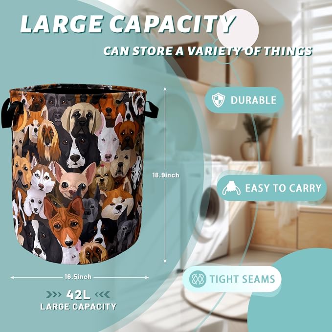 Cute Dogs Different Dog Laundry Basket Foldable With Handles Tote Bag Oxford Cloth Funny Animal Laundry Hamper Clothes Storage Bucket Toy Organizer 18.9"x16.5" For Bathroom/Laundry/Bedroom