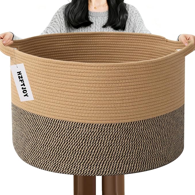 115L Extra Large Blanket Basket,Woven Rope Laundry Basket Hamper with Handles, Decorative Nursery Basket Storage Bin for Toys, Clothes Organizer, Living Room, Bedroom, Bathroom, Jute&Black