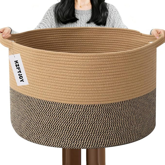 115L Extra Large Blanket Basket,Woven Rope Laundry Basket Hamper with Handles, Decorative Nursery Basket Storage Bin for Toys, Clothes Organizer, Living Room, Bedroom, Bathroom, Jute&Black