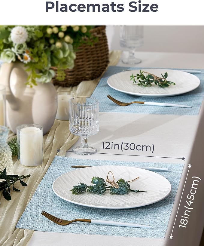 Leetaltree Soft Sky Blue Woven Placemats Set of 24 - Heat Resistant Non-Slip Place mats for Dining Table, Washable Durable PVC Vinyl Woven Table Mats(Sky Blue, 24)