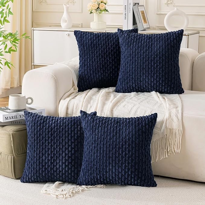 Set of 4 Navy Blue Decorative Throw Pillow Covers 22x22 Inch Corduroy Pillow Covers for Bed Couch Sofa Living Room Soft Square Cushion Cases