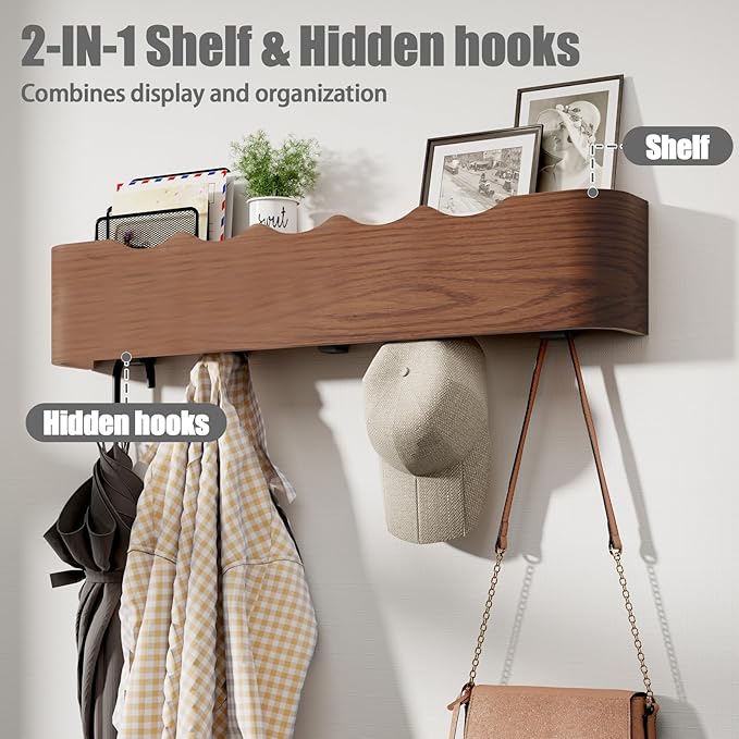 Coat Rack Wall Mount with Shelf 5 Hidden Hooks Modern Wooden Key Holder Entryway Organizer for Hallway Bedroom Bathroom Home Decor Storage for Hanging Coats Hats Bags Towels, Wave-Shape Walnut
