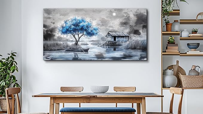 QIYILEXWART Large Wall Decor For Living Room Stretched And Framed Canvas Wall Art For Office Wall Decorations For Bedroom The Blue Tree Paintings The Hut Picture Artwork Home Decor Ready To Hang