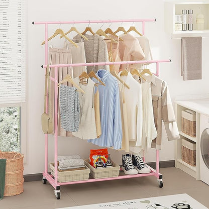 Calmootey Double Rod Clothing Garment Rack,Rolling Hanging Clothes Rack,Portable Clothes Organizer for Bedroom,Living Room,Clothing Store,Pink