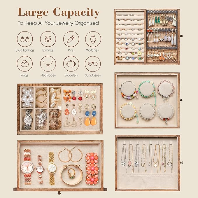 Honiway Jewelry Box for Women, 5 Layer Rustic Wooden Jewelry Organizer with Glass Window, 4 Drawers, Mirror, Large Jewelry Storage Display for Earrings Rings Necklaces Bracelets (Rustic Brown)