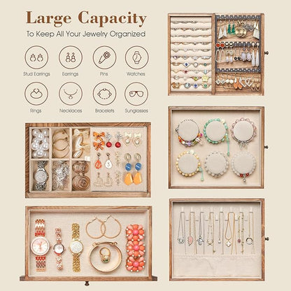 Honiway Jewelry Box for Women, 5 Layer Rustic Wooden Jewelry Organizer with Glass Window, 4 Drawers, Mirror, Large Jewelry Storage Display for Earrings Rings Necklaces Bracelets (Rustic Brown)
