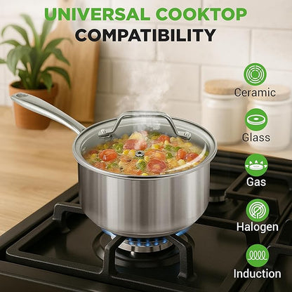 NutriChef 2 Quart Stainless Steel Saucepan with Lid - Heavy Duty Pot with Ergonomic Handles, For All Cooktops