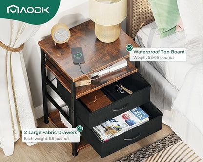 AODK Night Stand with Charging Station and LED Lights, 27.6 Inch Bed Side Table with 2 Drawers and Open Shelf, Bedside Table for Bedroom, Living Room, Vintage & Black