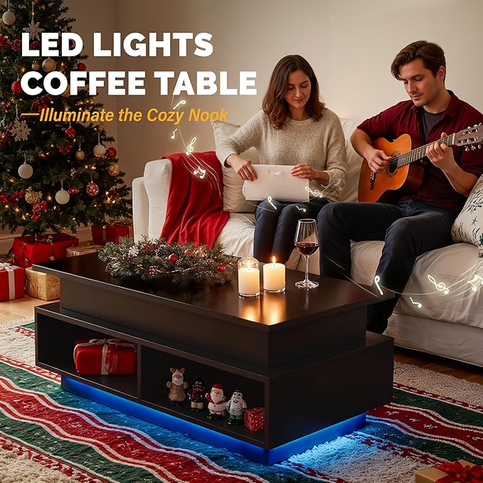 YESHOMY 40" Lift Top Coffee Table with Hidden Storage & Multi-Color LED Lights, Modern Square Wood Table with 4 Open Shelves for Living Room and Small Space, Black