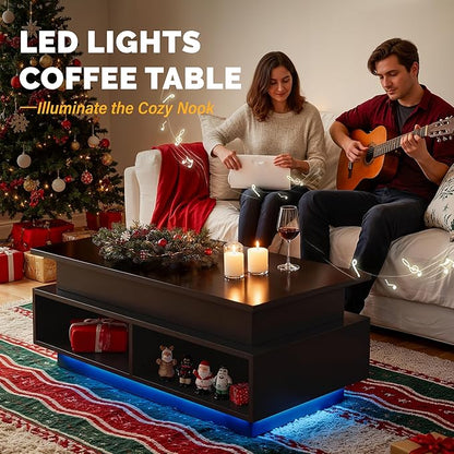 YESHOMY 40" Lift Top Coffee Table with Hidden Storage & Multi-Color LED Lights, Modern Square Wood Table with 4 Open Shelves for Living Room and Small Space, Black