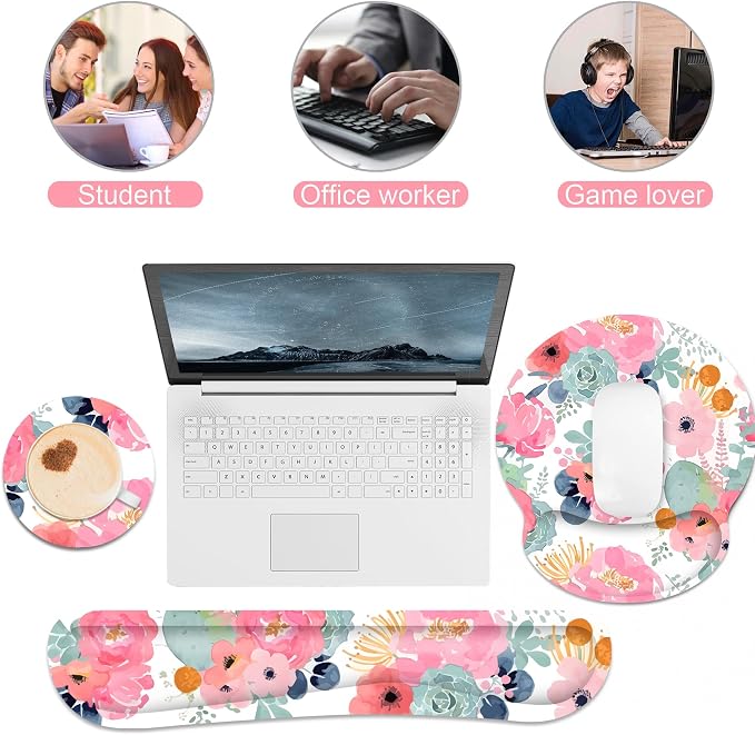 Ergonomic Mouse Pad with Wrist Rest and Keyboard Wrist Rest, Mousepad and Wrist Rest for Computer Keyboard, Pain Relief, Non-Slip Rubber Base, Mouse Pad Wrist Support for Gaming, Office, Pink Flower