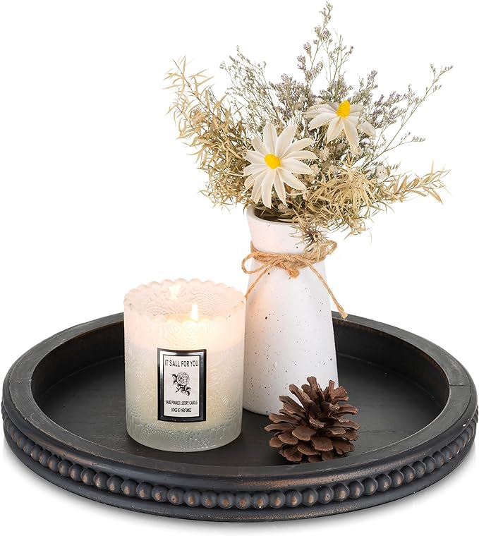 Hanobe Decorative Coffee Table Tray: Modern Farmhouse Beaded Round Tray Decor Rich Dark Brown Circle Wooden Ottoman Serving Platter for Centerpieces Kitchen Counter Bathroom