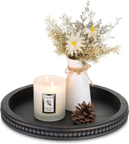 Hanobe Decorative Coffee Table Tray: Modern Farmhouse Beaded Round Tray Decor Rich Dark Brown Circle Wooden Ottoman Serving Platter for Centerpieces Kitchen Counter Bathroom